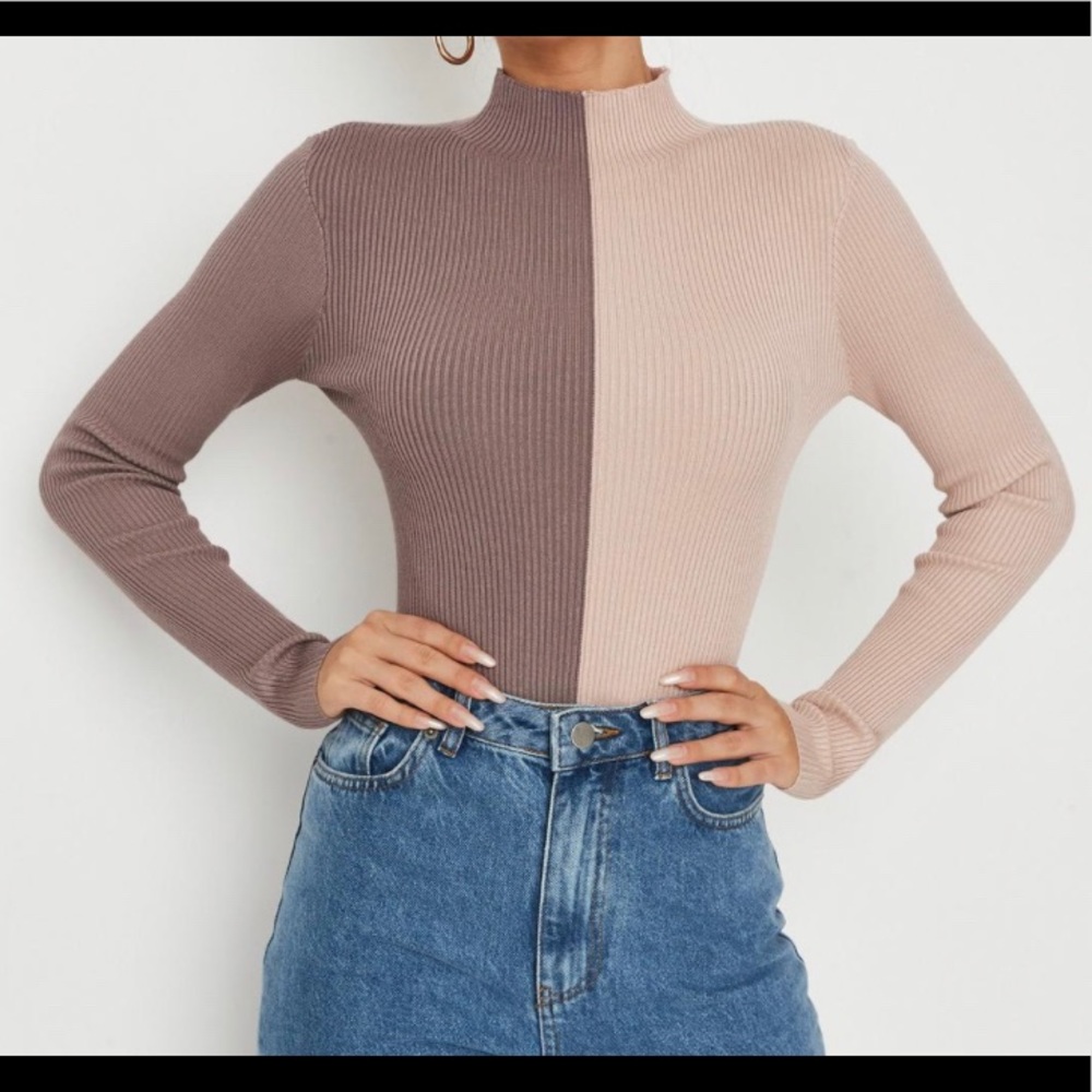 Tall mauve spliced high neck ribbed knit bodysuit